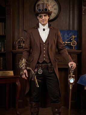Mens 4XL Gothic Steampunk Tailcoat Brown Victorian Cosplay Jacket 52" Chest